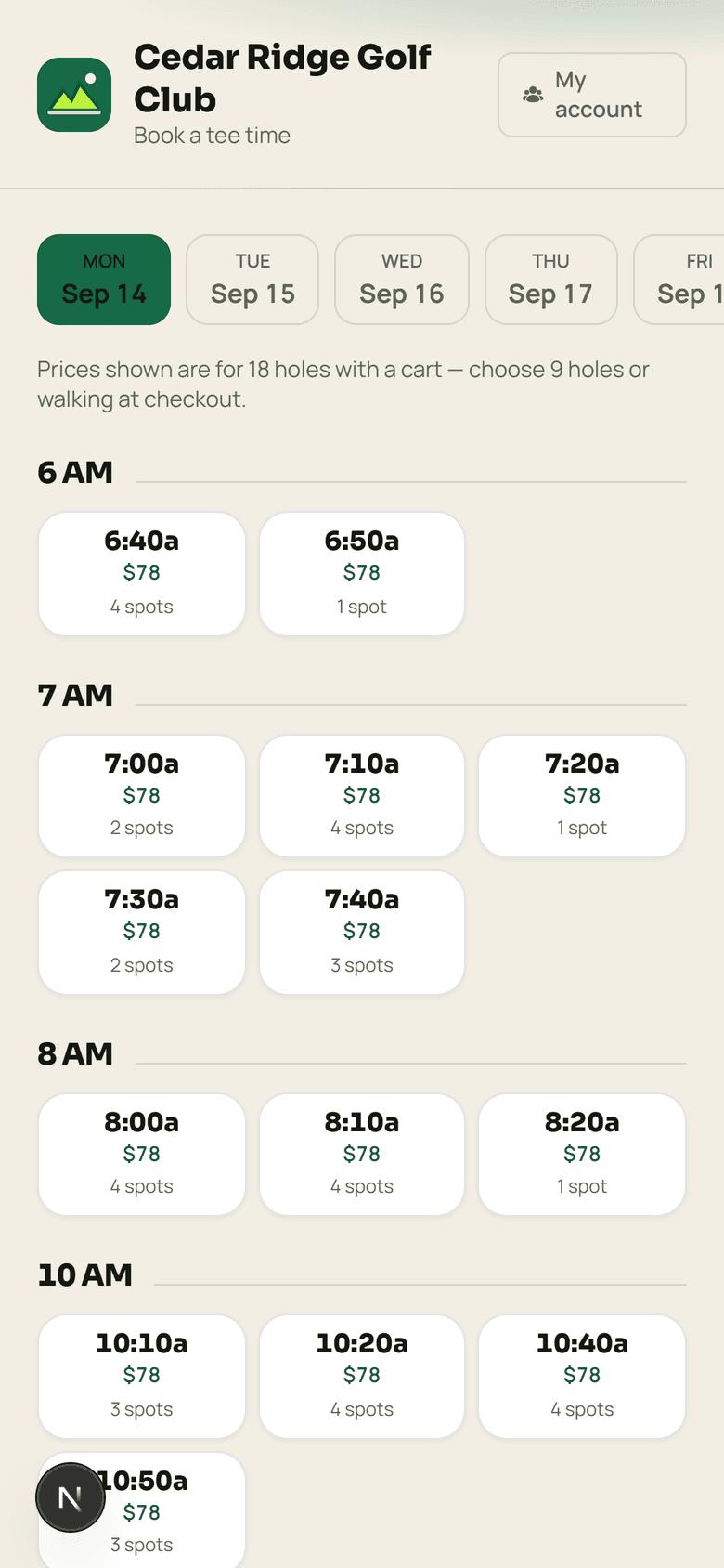 Cedar Ridge's own booking page on a phone, listing available tee times with prices.