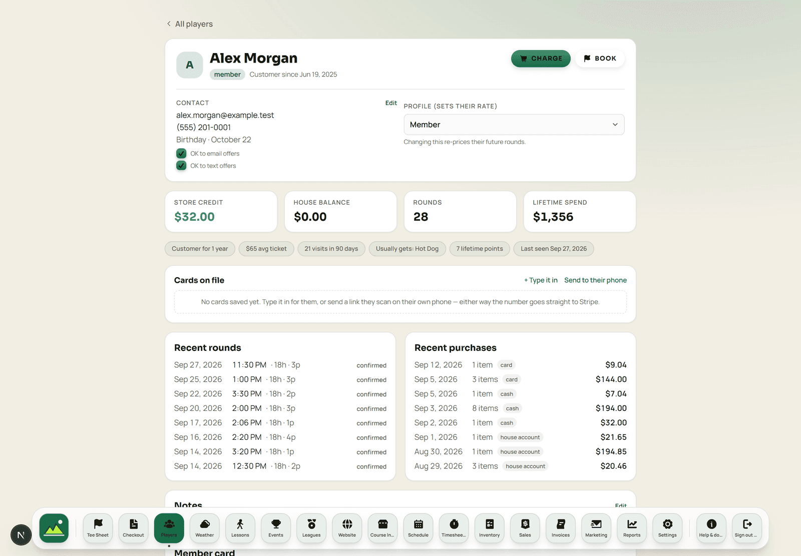 Alex Morgan's golfer record: rate class, contact consent, spend, visits and loyalty state.