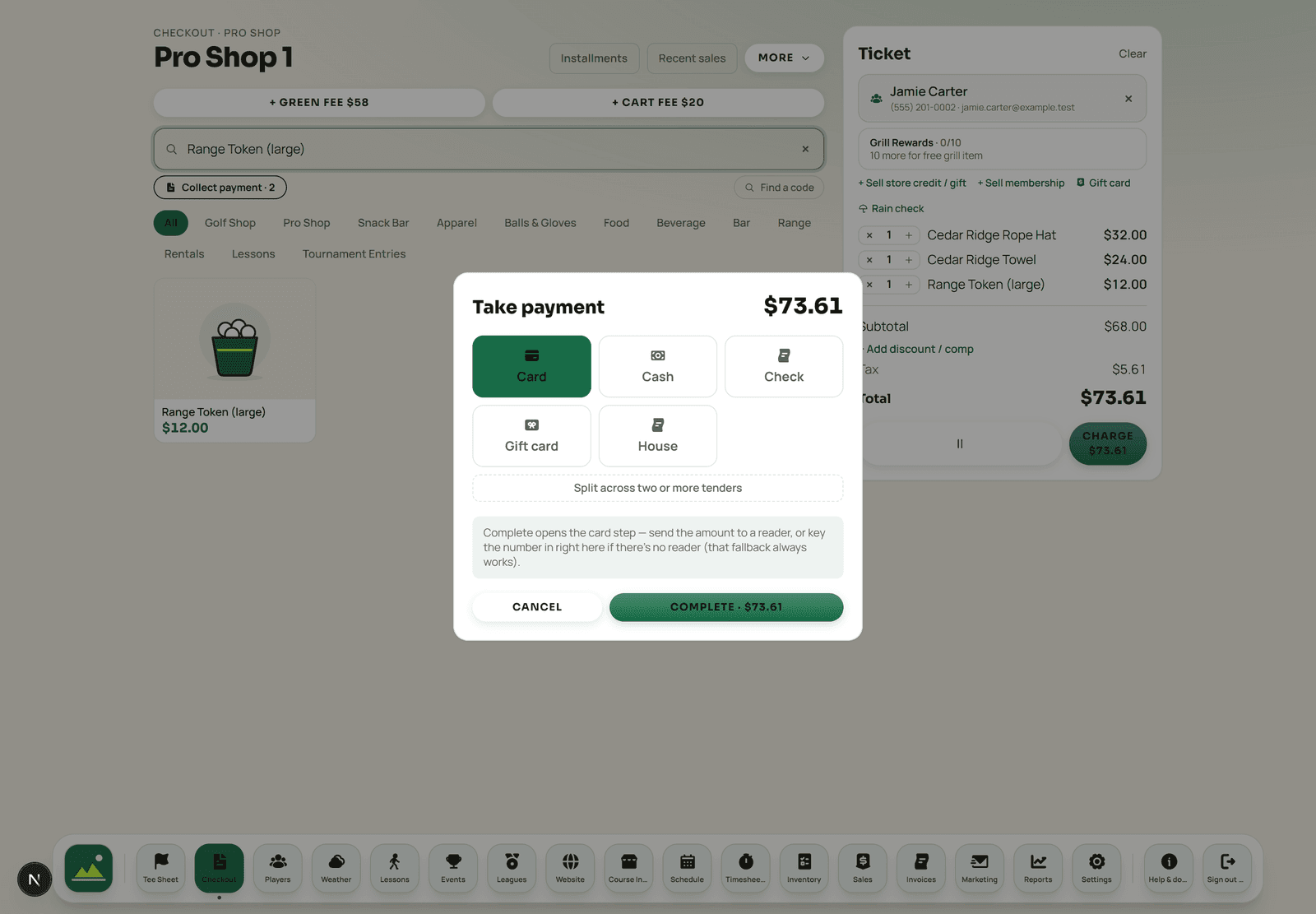 The take-payment step showing card, cash, check, gift card and house account, plus the option to split across two or more tenders.
