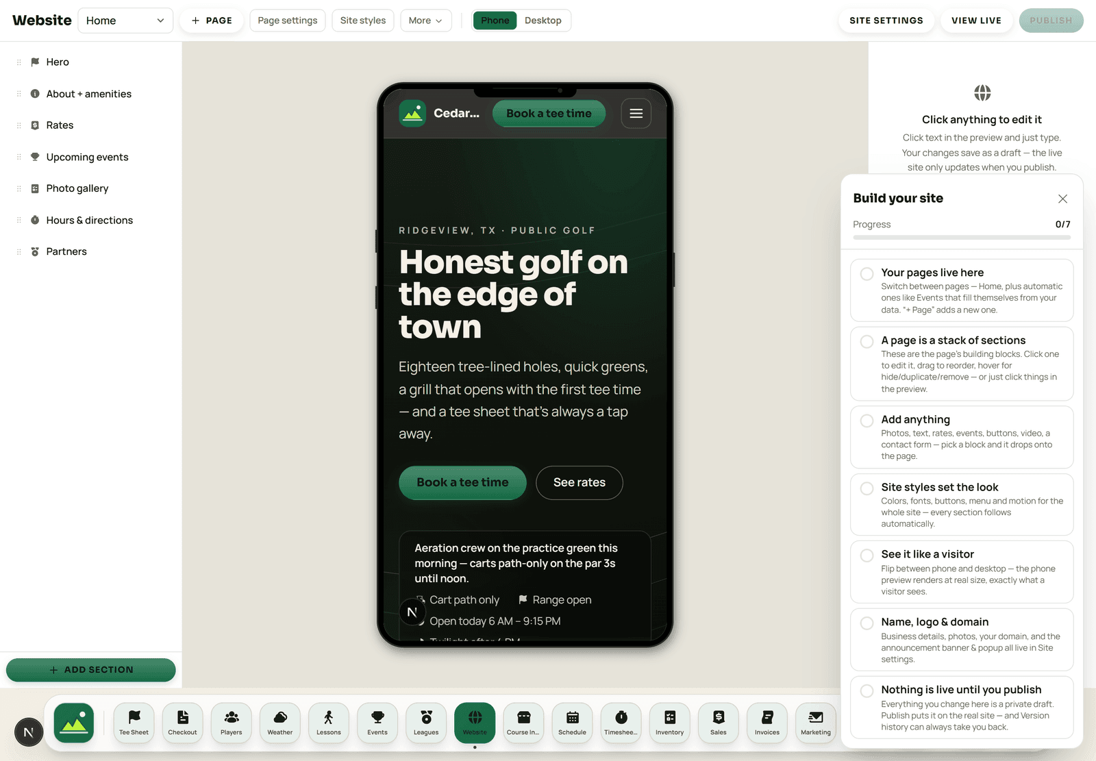 The website builder with the page's sections listed beside a live preview of the course site.