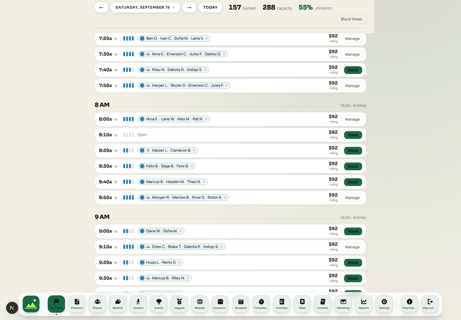 The coming Saturday at Cedar Ridge: ten-minute slots through the morning with player names, transport and weekend pricing, most of them taken.